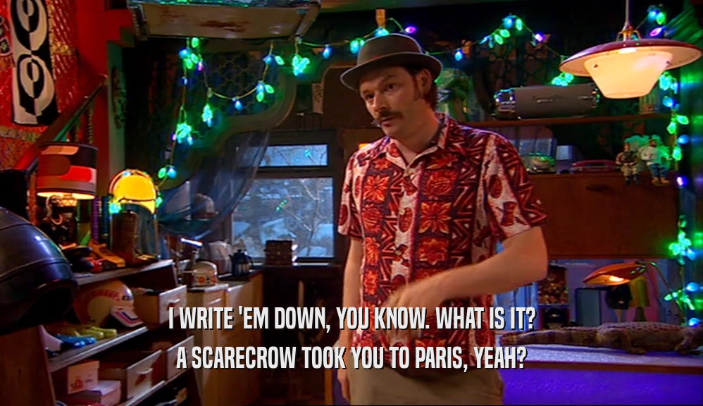 I WRITE 'EM DOWN, YOU KNOW. WHAT IS IT? A SCARECROW TOOK YOU TO PARIS, YEAH? 