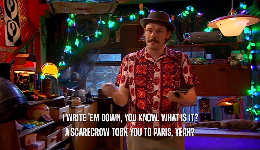 I WRITE 'EM DOWN, YOU KNOW. WHAT IS IT? A SCARECROW TOOK YOU TO PARIS, YEAH? 
