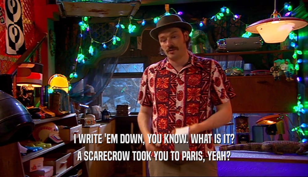 I WRITE 'EM DOWN, YOU KNOW. WHAT IS IT? A SCARECROW TOOK YOU TO PARIS, YEAH? 