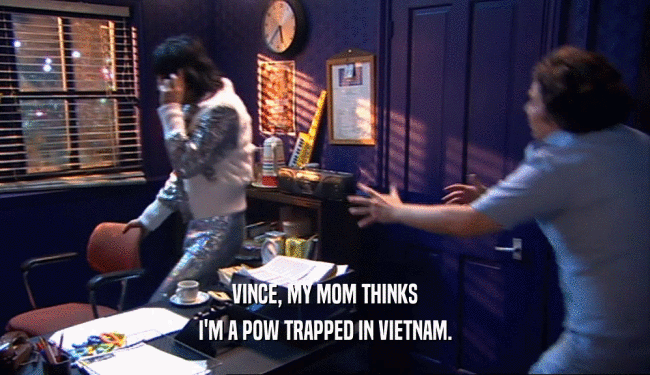 VINCE, MY MOM THINKS I'M A POW TRAPPED IN VIETNAM. 