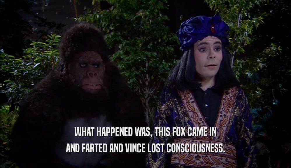 WHAT HAPPENED WAS, THIS FOX CAME IN AND FARTED AND VINCE LOST CONSCIOUSNESS. 