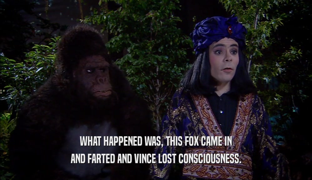 WHAT HAPPENED WAS, THIS FOX CAME IN AND FARTED AND VINCE LOST CONSCIOUSNESS. 