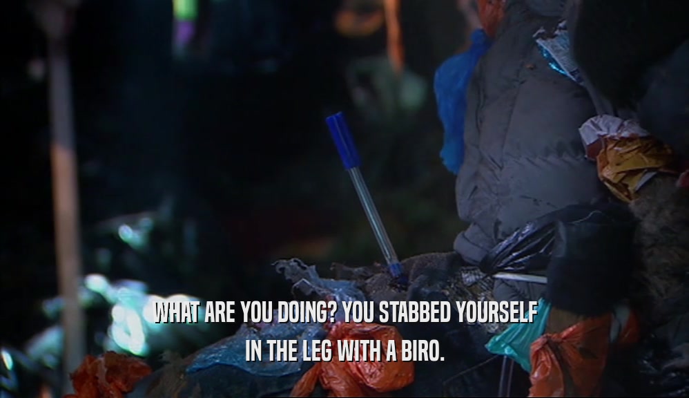 WHAT ARE YOU DOING? YOU STABBED YOURSELF IN THE LEG WITH A BIRO. 