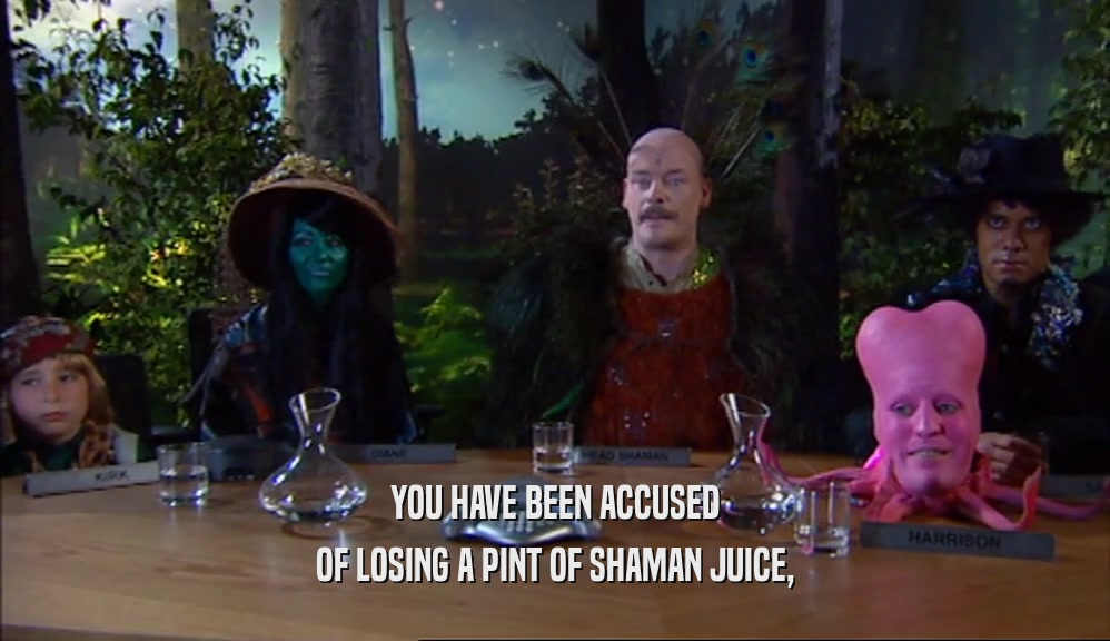 YOU HAVE BEEN ACCUSED OF LOSING A PINT OF SHAMAN JUICE, 
