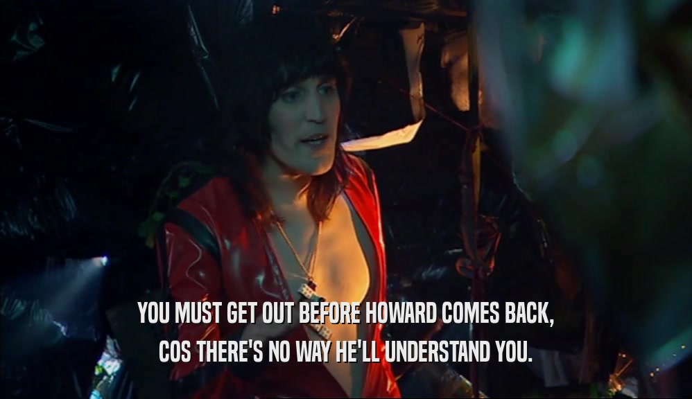 YOU MUST GET OUT BEFORE HOWARD COMES BACK, COS THERE'S NO WAY HE'LL UNDERSTAND YOU. 