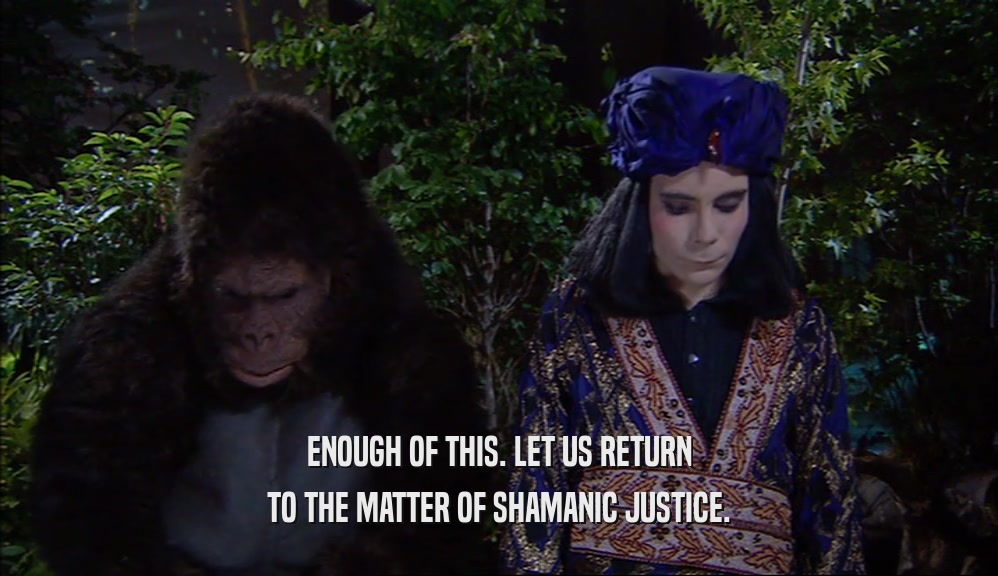 ENOUGH OF THIS. LET US RETURN TO THE MATTER OF SHAMANIC JUSTICE. 
