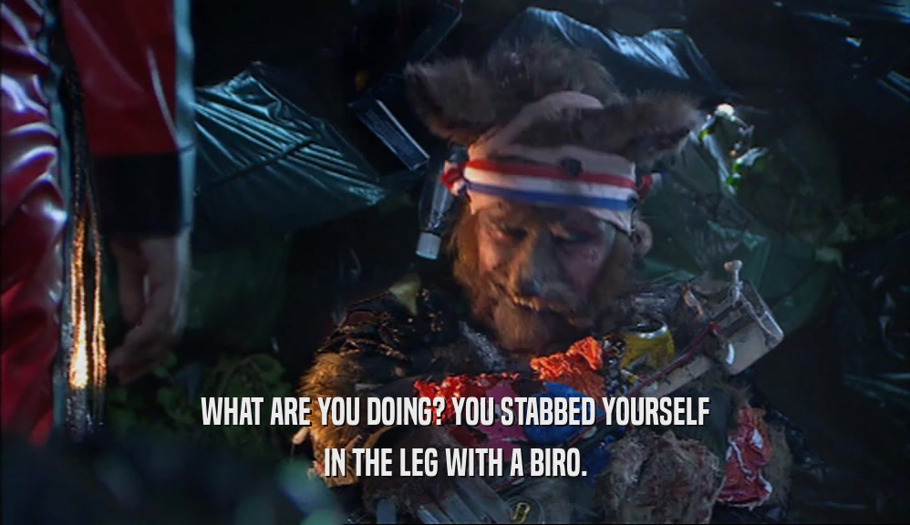 WHAT ARE YOU DOING? YOU STABBED YOURSELF IN THE LEG WITH A BIRO. 
