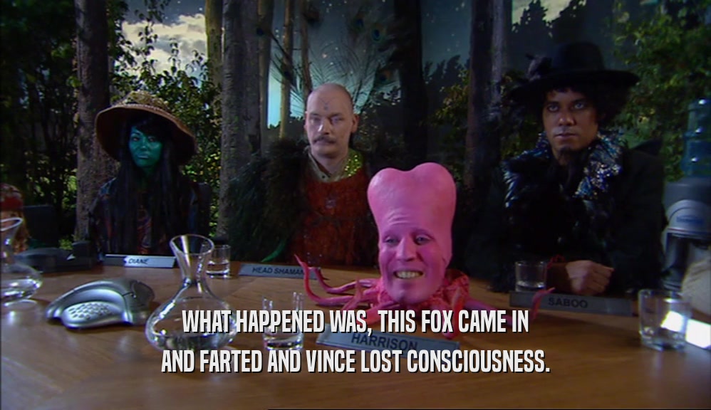 WHAT HAPPENED WAS, THIS FOX CAME IN AND FARTED AND VINCE LOST CONSCIOUSNESS. 
