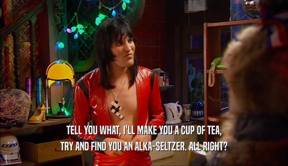 TELL YOU WHAT, I'LL MAKE YOU A CUP OF TEA,
 TRY AND FIND YOU AN ALKA-SELTZER. ALL RIGHT?
 
