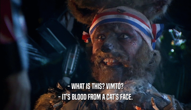 - WHAT IS THIS? VIMTO?
 - IT'S BLOOD FROM A CAT'S FACE.
 