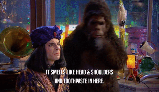 IT SMELLS LIKE HEAD & SHOULDERS AND TOOTHPASTE IN HERE. 