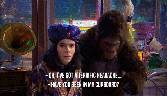 - OH, I'VE GOT A TERRIFIC HEADACHE... - HAVE YOU BEEN IN MY CUPBOARD? 