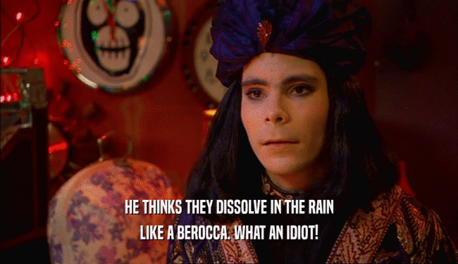 HE THINKS THEY DISSOLVE IN THE RAIN LIKE A BEROCCA. WHAT AN IDIOT! 