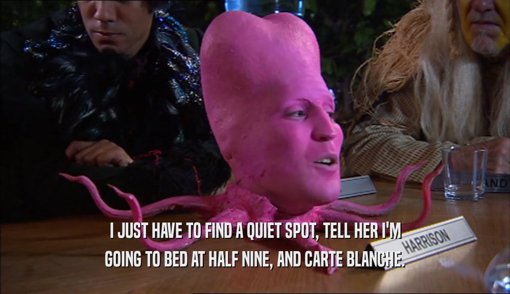 I JUST HAVE TO FIND A QUIET SPOT, TELL HER I'M GOING TO BED AT HALF NINE, AND CARTE BLANCHE. 