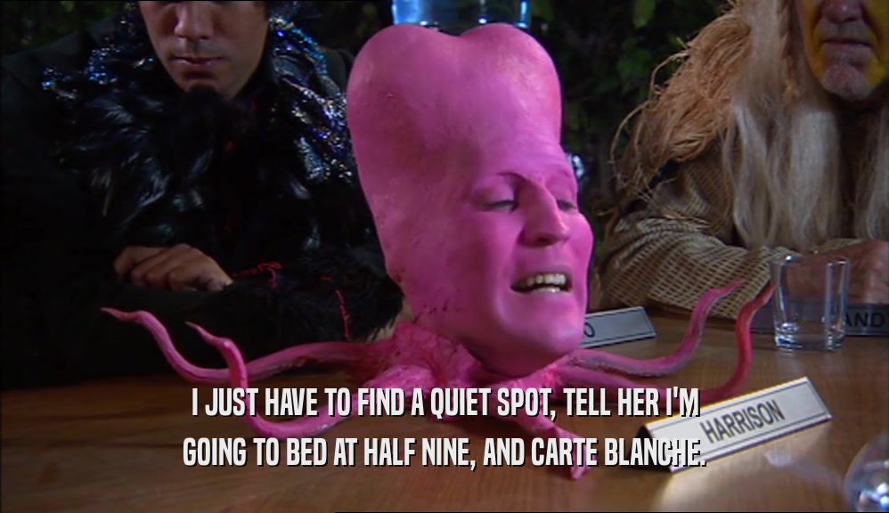 I JUST HAVE TO FIND A QUIET SPOT, TELL HER I'M GOING TO BED AT HALF NINE, AND CARTE BLANCHE. 