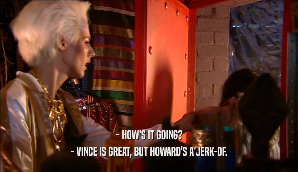 - HOW'S IT GOING?
 - VINCE IS GREAT, BUT HOWARD'S A JERK-OF.
 