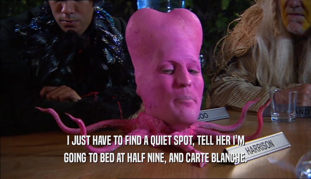 I JUST HAVE TO FIND A QUIET SPOT, TELL HER I'M GOING TO BED AT HALF NINE, AND CARTE BLANCHE. 