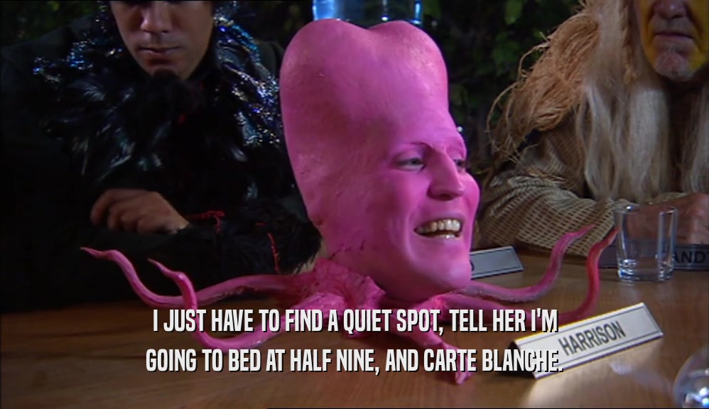 I JUST HAVE TO FIND A QUIET SPOT, TELL HER I'M GOING TO BED AT HALF NINE, AND CARTE BLANCHE. 