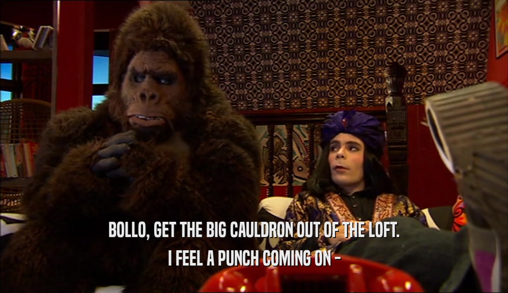 BOLLO, GET THE BIG CAULDRON OUT OF THE LOFT. I FEEL A PUNCH COMING ON - 