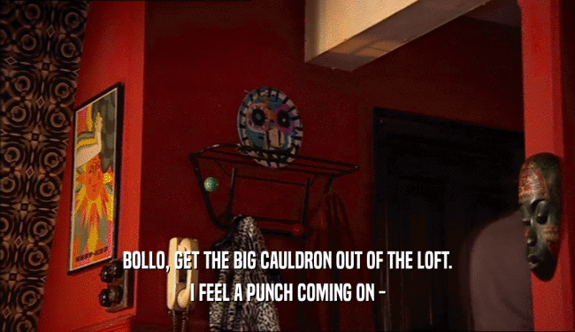 BOLLO, GET THE BIG CAULDRON OUT OF THE LOFT. I FEEL A PUNCH COMING ON - 