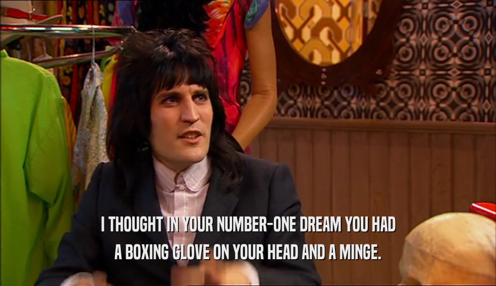 I THOUGHT IN YOUR NUMBER-ONE DREAM YOU HAD A BOXING GLOVE ON YOUR HEAD AND A MINGE. 