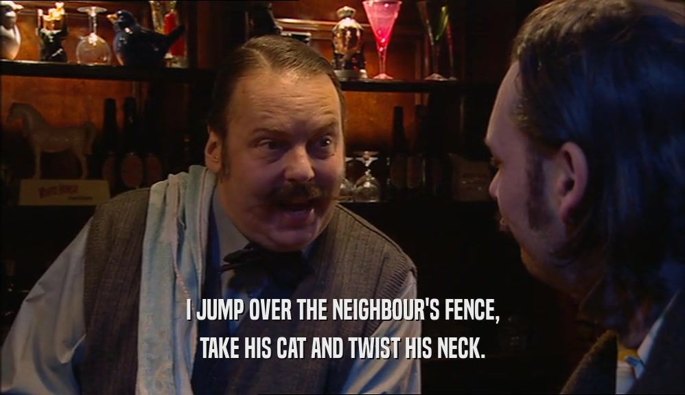 I JUMP OVER THE NEIGHBOUR'S FENCE, TAKE HIS CAT AND TWIST HIS NECK. 
