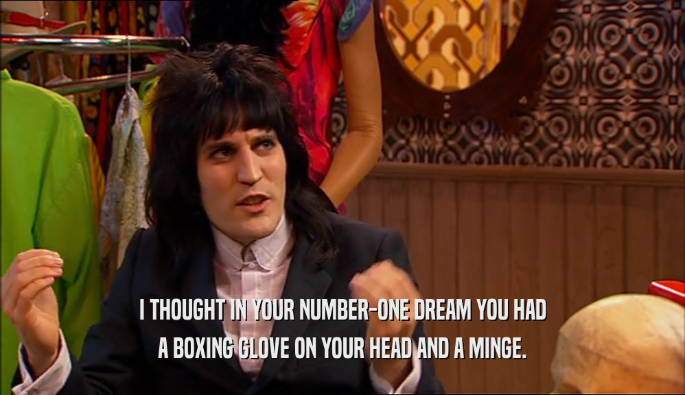 I THOUGHT IN YOUR NUMBER-ONE DREAM YOU HAD A BOXING GLOVE ON YOUR HEAD AND A MINGE. 
