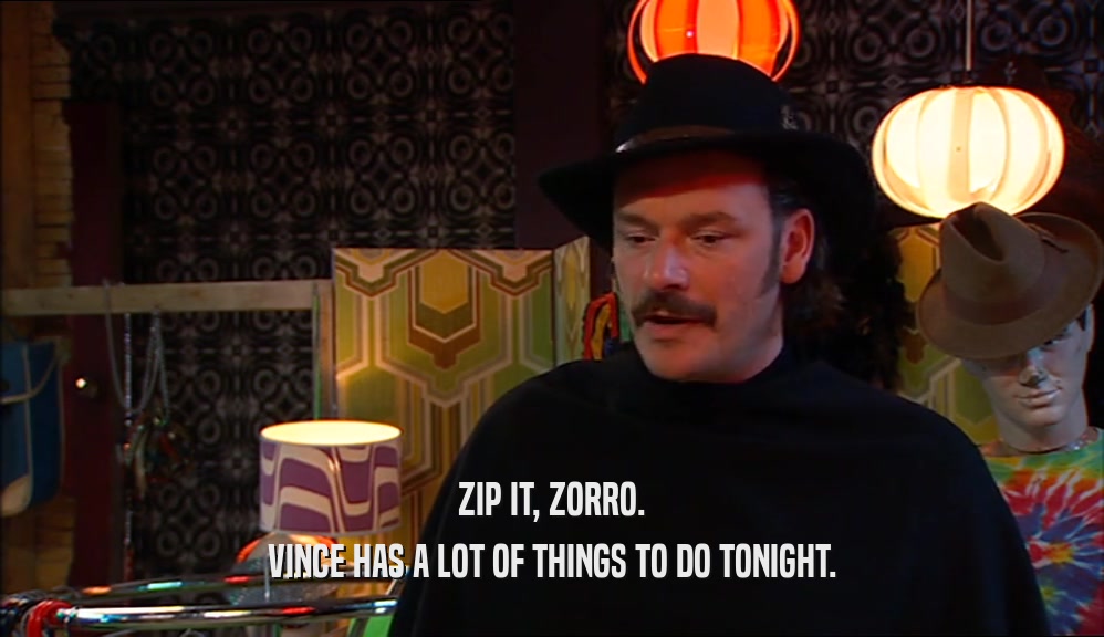 ZIP IT, ZORRO. VINCE HAS A LOT OF THINGS TO DO TONIGHT. 