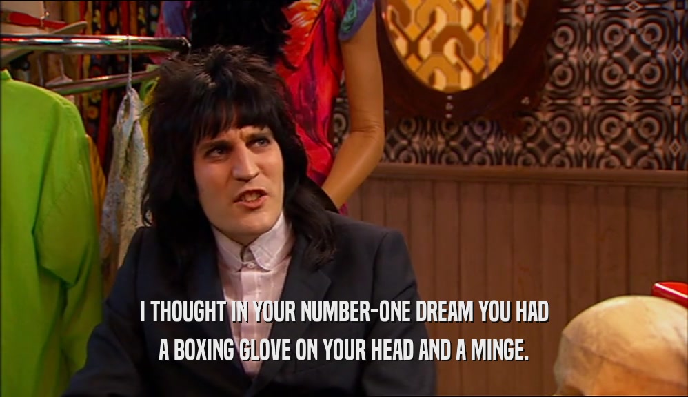 I THOUGHT IN YOUR NUMBER-ONE DREAM YOU HAD A BOXING GLOVE ON YOUR HEAD AND A MINGE. 