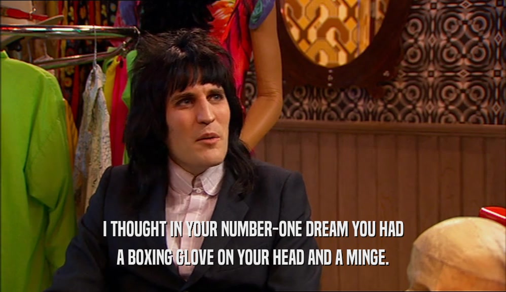 I THOUGHT IN YOUR NUMBER-ONE DREAM YOU HAD A BOXING GLOVE ON YOUR HEAD AND A MINGE. 