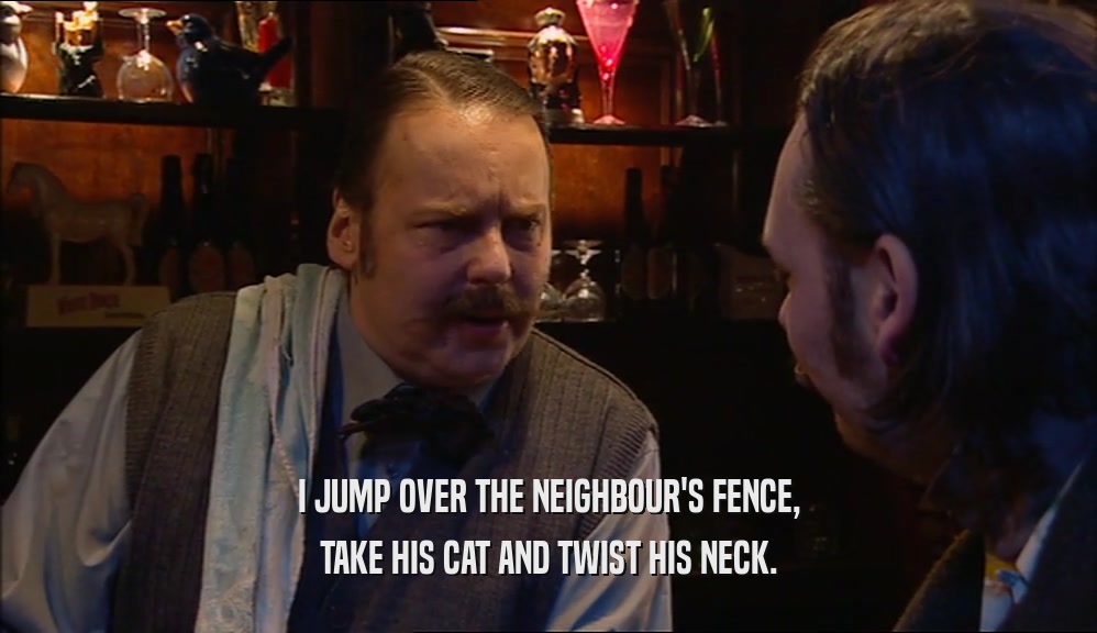 I JUMP OVER THE NEIGHBOUR'S FENCE, TAKE HIS CAT AND TWIST HIS NECK. 