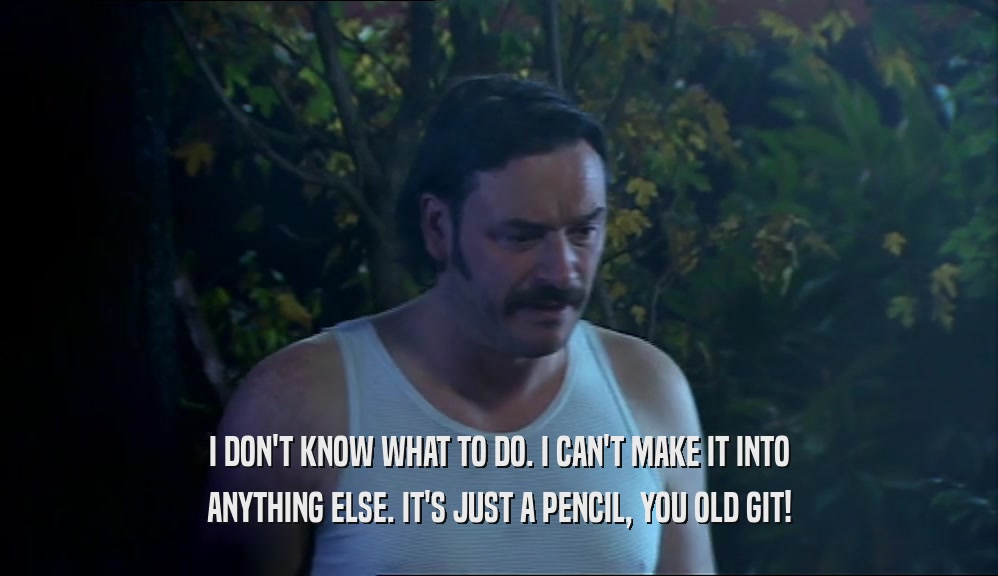 I DON'T KNOW WHAT TO DO. I CAN'T MAKE IT INTO ANYTHING ELSE. IT'S JUST A PENCIL, YOU OLD GIT! 