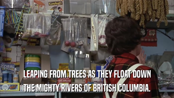 LEAPING FROM TREES AS THEY FLOAT DOWN THE MIGHTY RIVERS OF BRITISH COLUMBIA. 