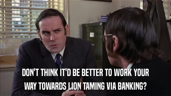 DON'T THINK IT'D BE BETTER TO WORK YOUR WAY TOWARDS LION TAMING VIA BANKING? 