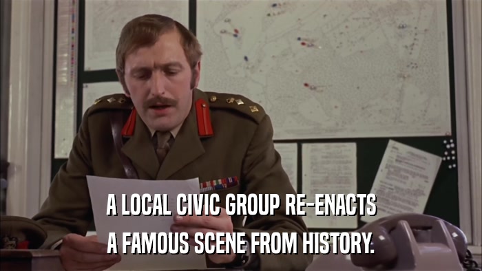 A LOCAL CIVIC GROUP RE-ENACTS A FAMOUS SCENE FROM HISTORY. 