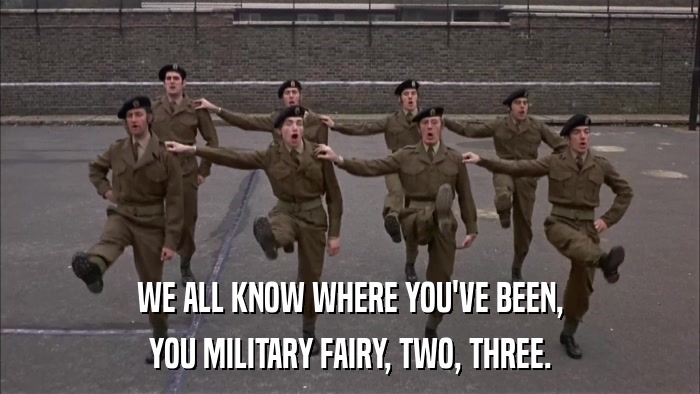 WE ALL KNOW WHERE YOU'VE BEEN, YOU MILITARY FAIRY, TWO, THREE. 