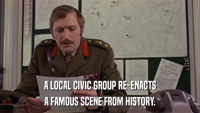 A LOCAL CIVIC GROUP RE-ENACTS A FAMOUS SCENE FROM HISTORY. 