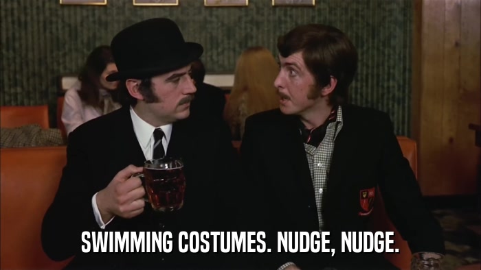 SWIMMING COSTUMES. NUDGE, NUDGE.  
