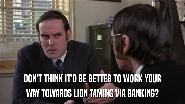 DON'T THINK IT'D BE BETTER TO WORK YOUR WAY TOWARDS LION TAMING VIA BANKING? 
