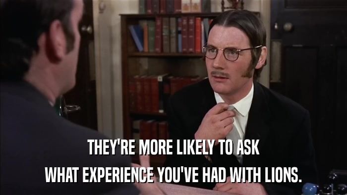 THEY'RE MORE LIKELY TO ASK WHAT EXPERIENCE YOU'VE HAD WITH LIONS. 