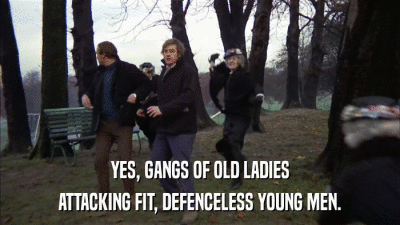 YES, GANGS OF OLD LADIES ATTACKING FIT, DEFENCELESS YOUNG MEN. 