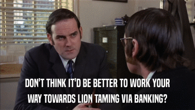DON'T THINK IT'D BE BETTER TO WORK YOUR WAY TOWARDS LION TAMING VIA BANKING? 