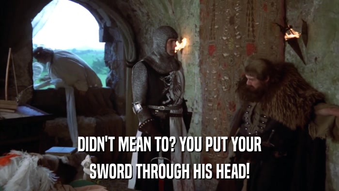 DIDN'T MEAN TO? YOU PUT YOUR SWORD THROUGH HIS HEAD! 