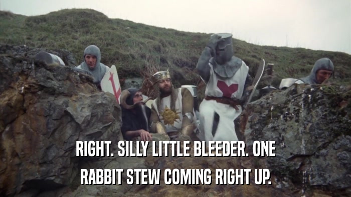 RIGHT. SILLY LITTLE BLEEDER. ONE RABBIT STEW COMING RIGHT UP. 