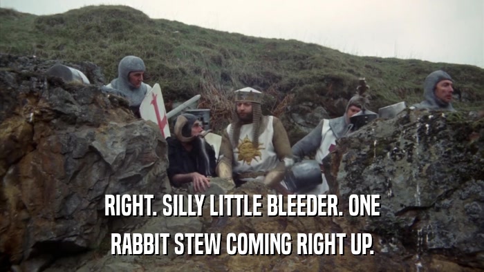 RIGHT. SILLY LITTLE BLEEDER. ONE RABBIT STEW COMING RIGHT UP. 
