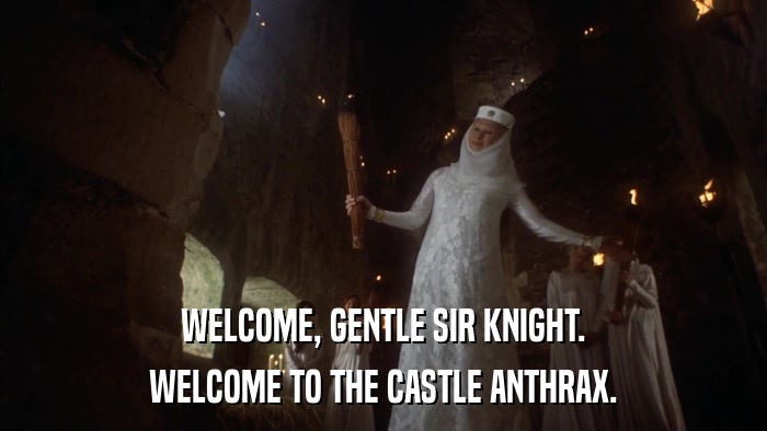 WELCOME, GENTLE SIR KNIGHT. WELCOME TO THE CASTLE ANTHRAX. 