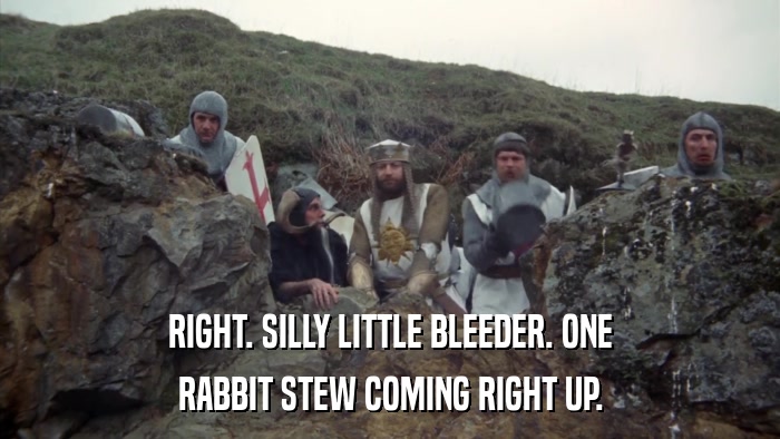 RIGHT. SILLY LITTLE BLEEDER. ONE RABBIT STEW COMING RIGHT UP. 