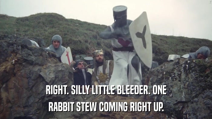 RIGHT. SILLY LITTLE BLEEDER. ONE RABBIT STEW COMING RIGHT UP. 