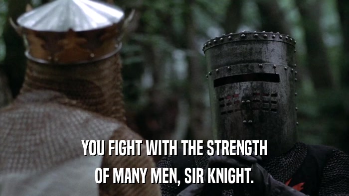 YOU FIGHT WITH THE STRENGTH OF MANY MEN, SIR KNIGHT. 