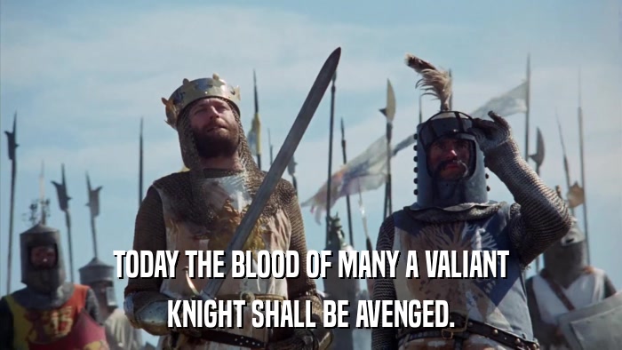 TODAY THE BLOOD OF MANY A VALIANT KNIGHT SHALL BE AVENGED. 